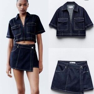 Zara Navy Denim Cropped Jacket and Skort Set